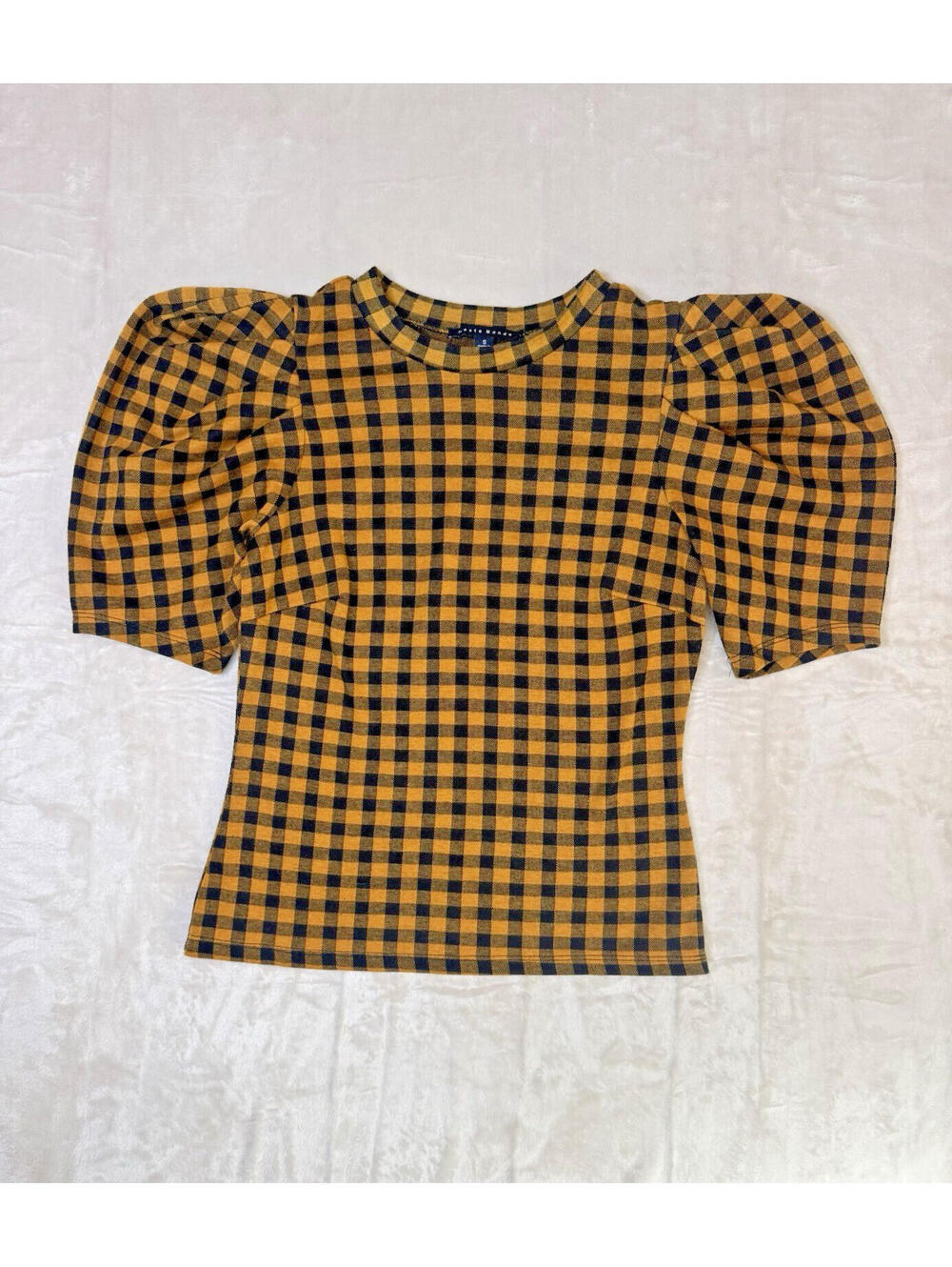 Haute Monde Gingham Top Womens S Puff Sleeve Yellow Black Check Cottagecore